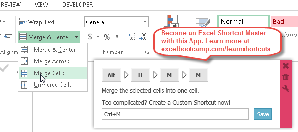 shortcut for merge and centre in excel mac